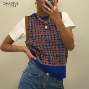 Vintage Argyle Women Sweater Vest 2022 New Splice Color Plaid Sleeveless Round Neck Autumn Winter Female Knitted Vest Blue